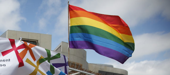 An image of a rainbow flag and a banner with a fragment of the Parliament building.