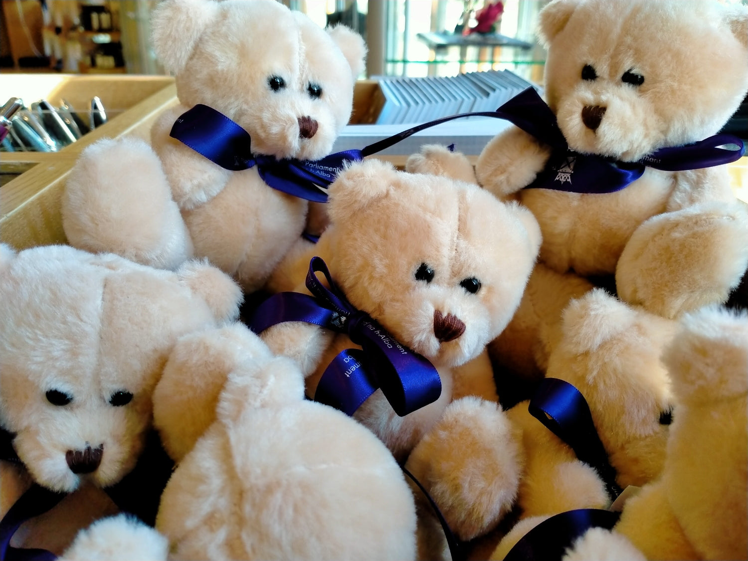 Teddy bears with purple ribbons.