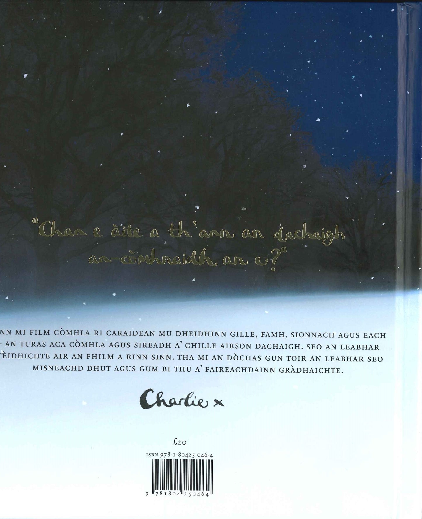 The back cover of the book with a blurb in Gaelic.