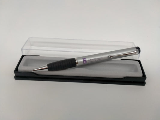 Silver pen with black rubber upper casing, decorated with purple symbol of the Parliament, out of its box.