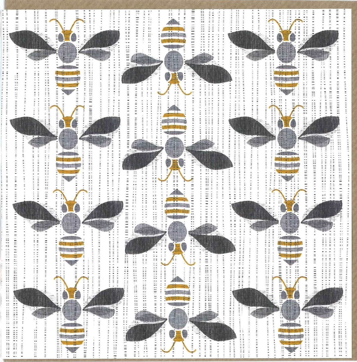 Square card with design of bees in three rows. Grey, black, gold tones.