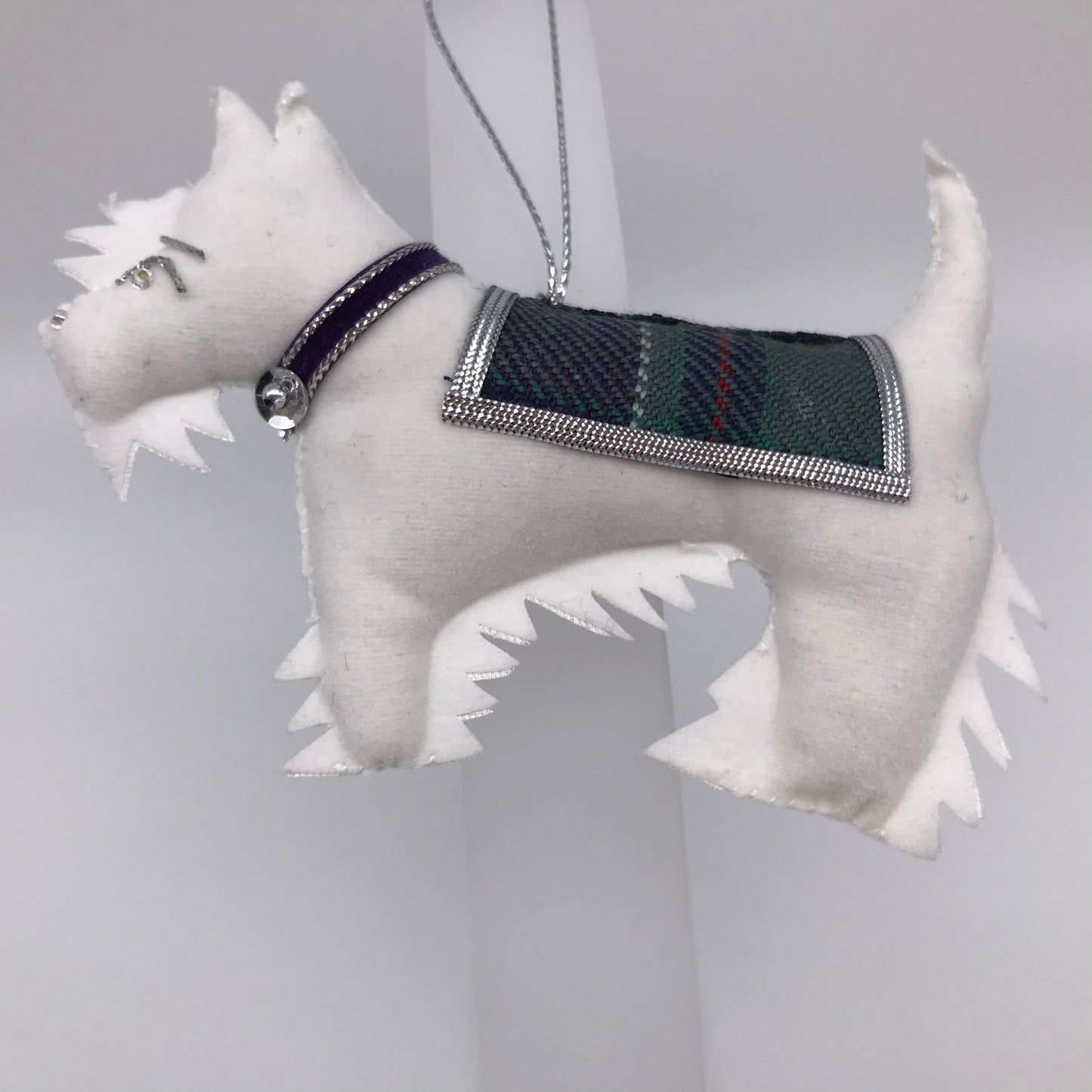 Standing white dog. Tartan coat. Purple collar with silver stitching detail.