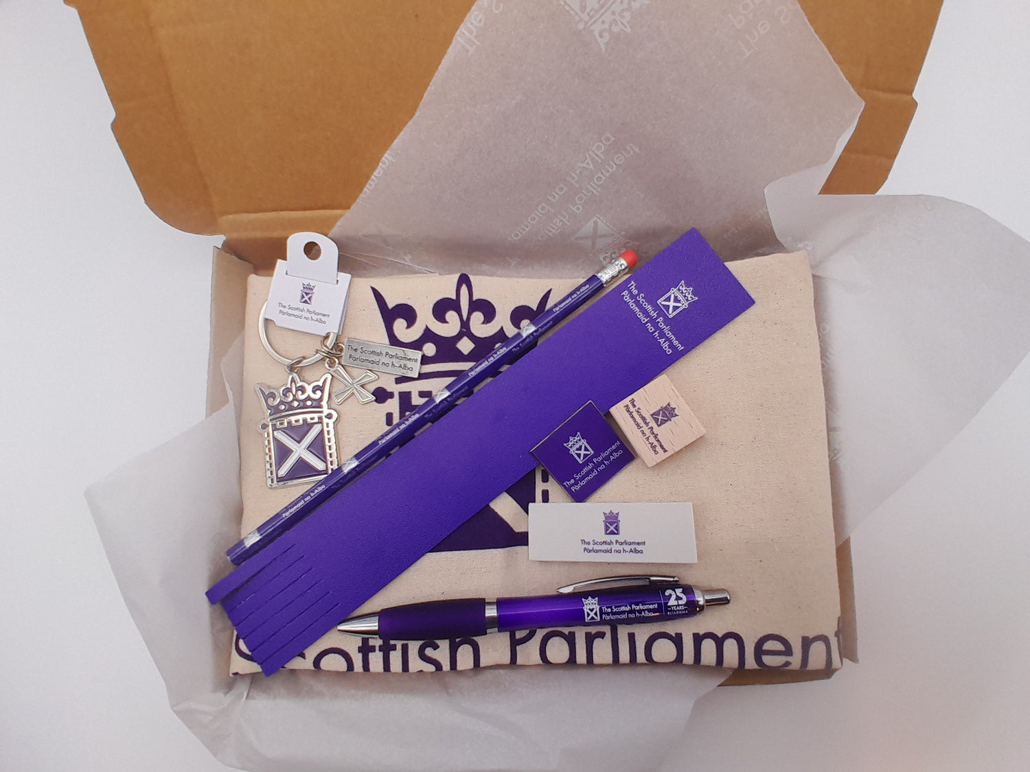 Box with a selection of Scottish Parliament stationery 