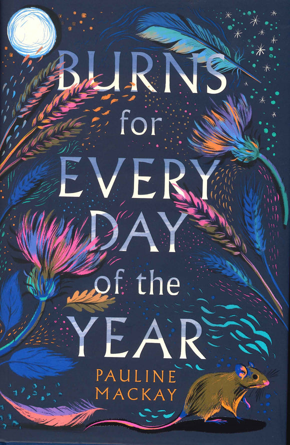 The front cover of the book 'Burns for Every dfay of the Year'. Dark bue with floral motives and a mouse. 