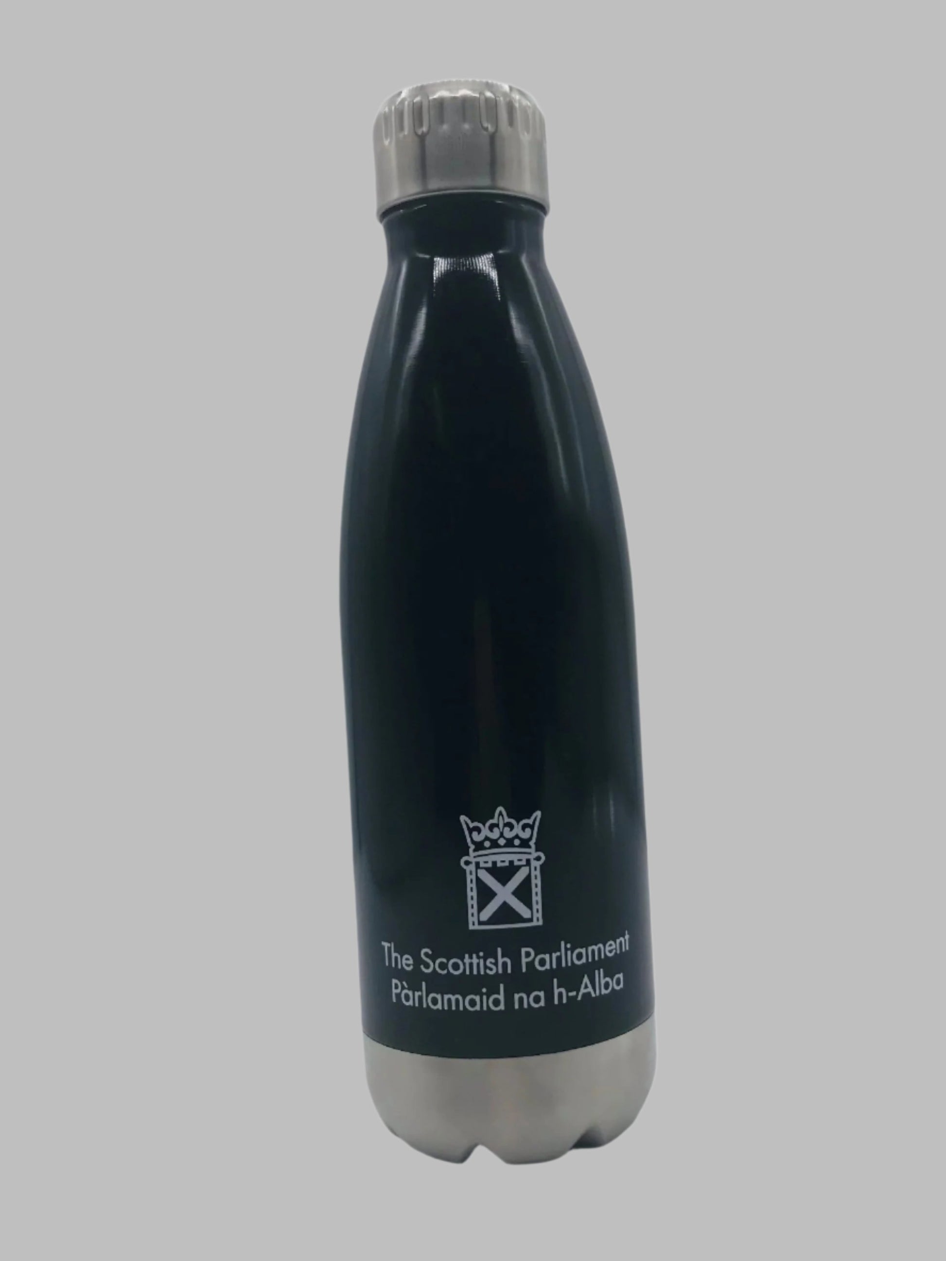 A black thermal flask with a stainless steel top and the symbol of the Scottish Parliament in white.