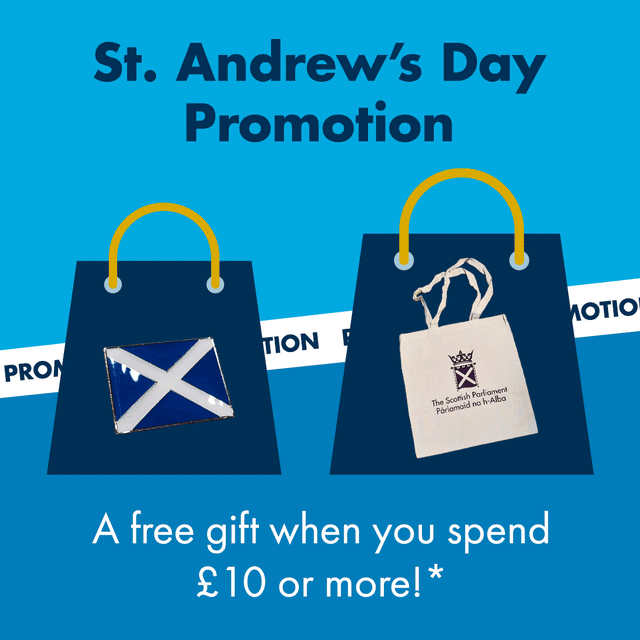 A promotional image with pictures of items on offer - a saltire badge and a bag, and slogans. Blue field and white stripe with writing on in the backgropund.