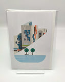 A white greeting card printed with an image of a part of the Scottish Parliament building. A contemporary design features some architectural details of the building, a pond and trees. In transparent wrapping.