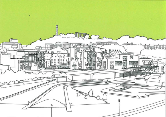 A card with black line drawing of building and green sky.