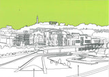 A card with black line drawing of building and green sky.