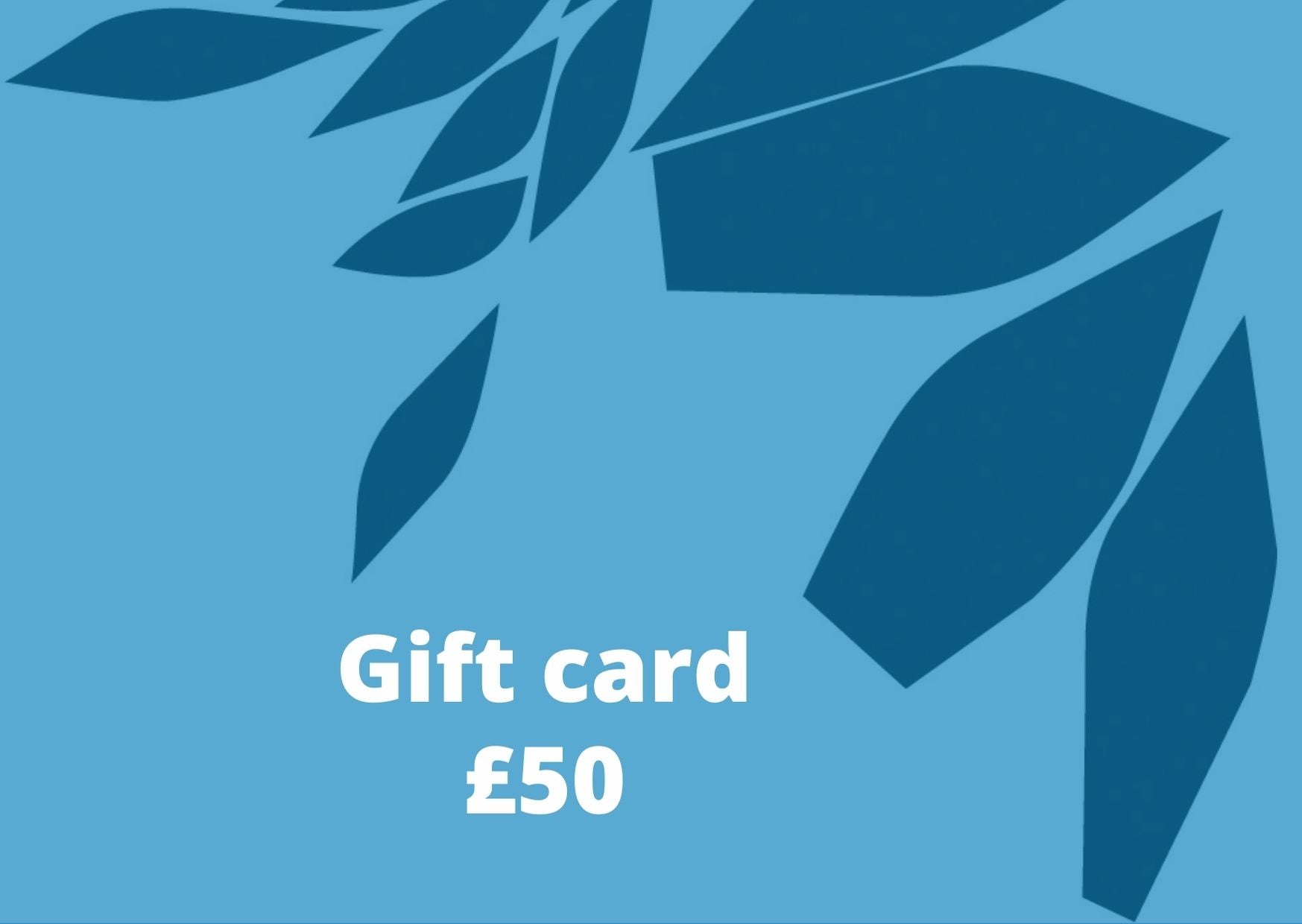 A £50 gift card on blue background.