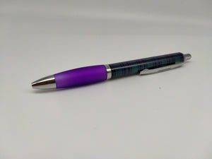 Pen with tartan upper and purple lower casing. Silver coloured fittings.