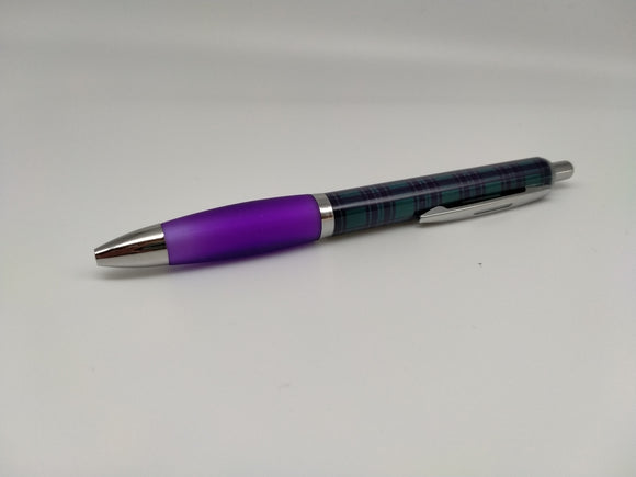 Pen with tartan upper and purple lower casing. Silver coloured fittings.