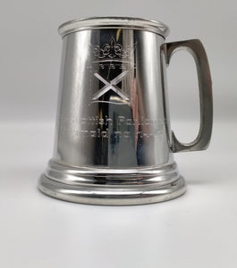 Pewter tankard engraved with the symbol of the Scottish Parliament.
