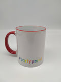 The other side of the mug, showing the writing '#parlyproud' in rainbow colours.