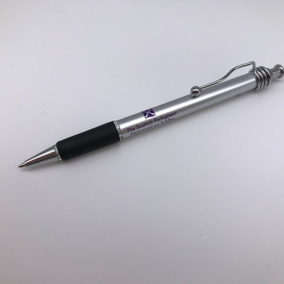 A silver and black ballpen with the symbol of the Scottish parliament.