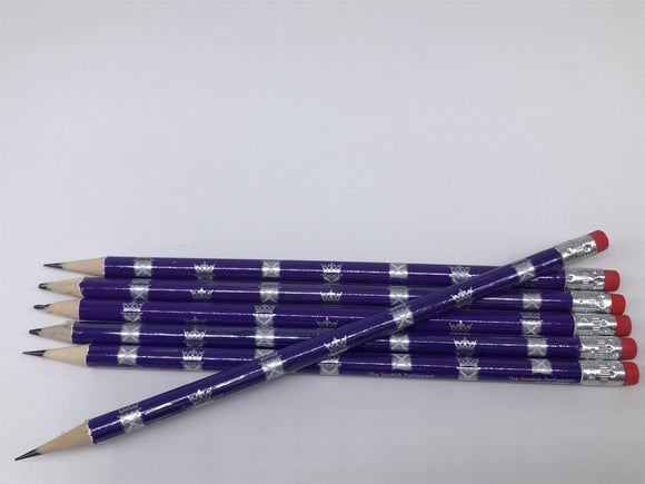 5 pencils lying flat with another diagonally placed on top.  Purple body with multiple silver Parliament symbols printed on it. Red eraser on the end.