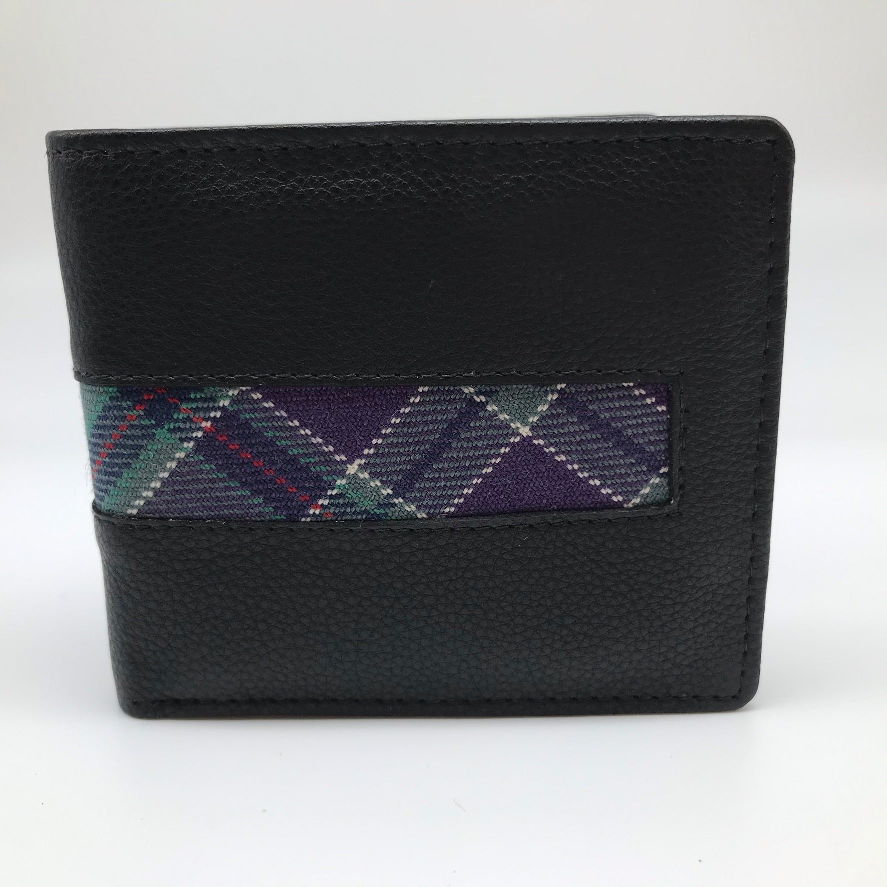 Square, black leather wallet with central tartan strip.