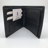 Square wallet standing upright.  Open showing black leather interior with compartments for notes and cards and coin purse. 