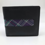 Square, lack leather wallet with central tartan strip.