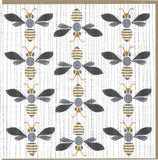 Square card with design of bees in three rows. Grey, black, gold tones.