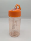 Transparent bottle tinted orange and decorated with the symbol of the Scottish Parliament. Lid is orange with a transparent pop-up spout.