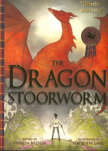 The front cover of the book 'Dragon Stoorworm' featuring a picture of a dragon and a boy with a sword.