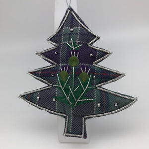 Tartan Christmas tree. Green thistle decoration and silver stitching detail.