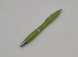 Lime green pen decorated with the symbol of the Scottish Parliament with silver elements.